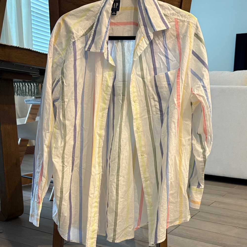 GAP White Button-Down Shirt with Pastel Stripe Colors